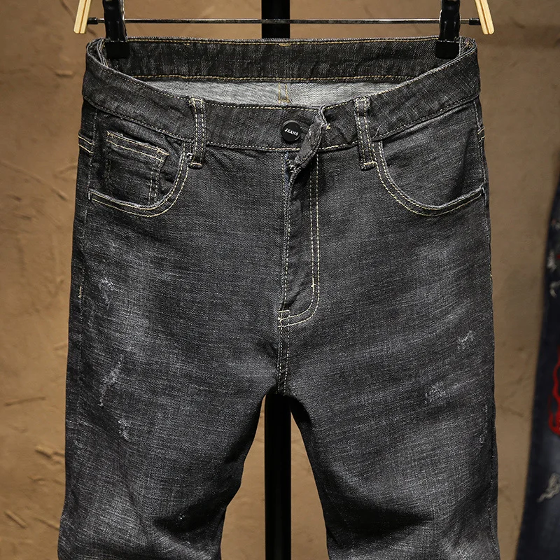 Джинсы мужские прямые с вышивкой Винтажные эластичные штаны Slim fit в стиле хип хоп