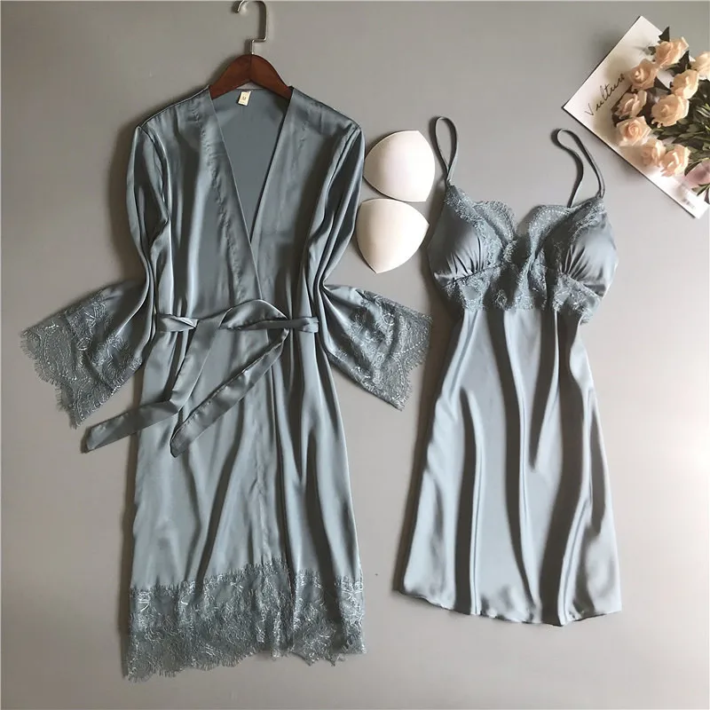 

2019 Spring Summer Women Robe & Gown Sets Sexy Satin Sleep Lounge Pijama Silk Nightwear Bathrobe+Night Dress Chest Pads
