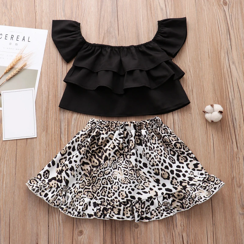 

2020 Summer Kids Toddler Clothes Set Ruffled Shoulder Wipe Vest Tops Irregular Leopard Skirt Black 2Pcs Outfits Sets