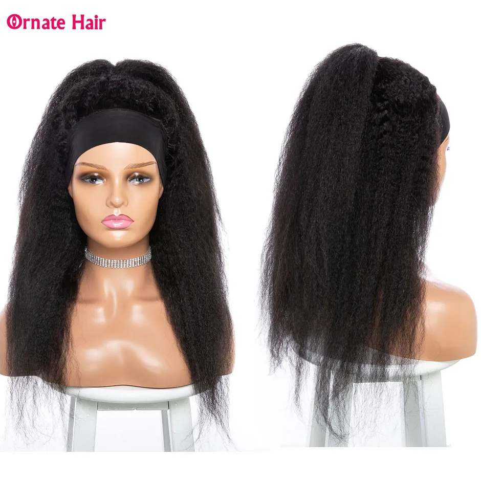 Yaki Hair Headband Wig Human Hair Wigs For Black Women Peruvian Hair Kinky Straight Wig Glueless Natural Color Remy Hair