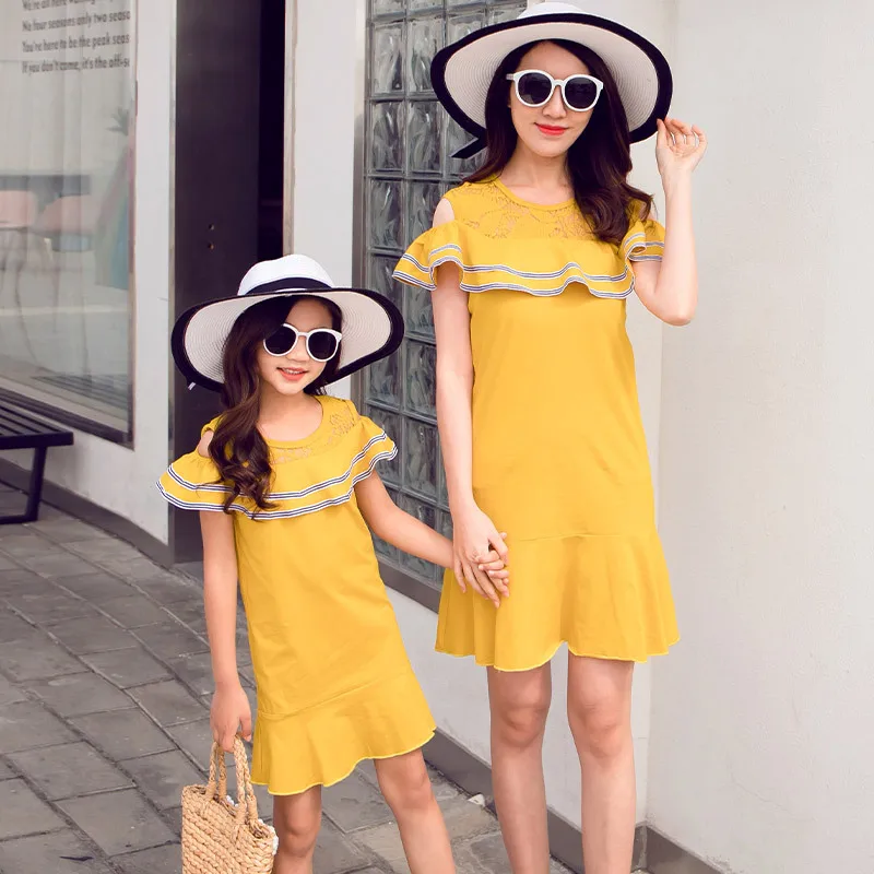 Платье для девочек желтое с оборками рукавами в виде листьев лотоса | Мать и
