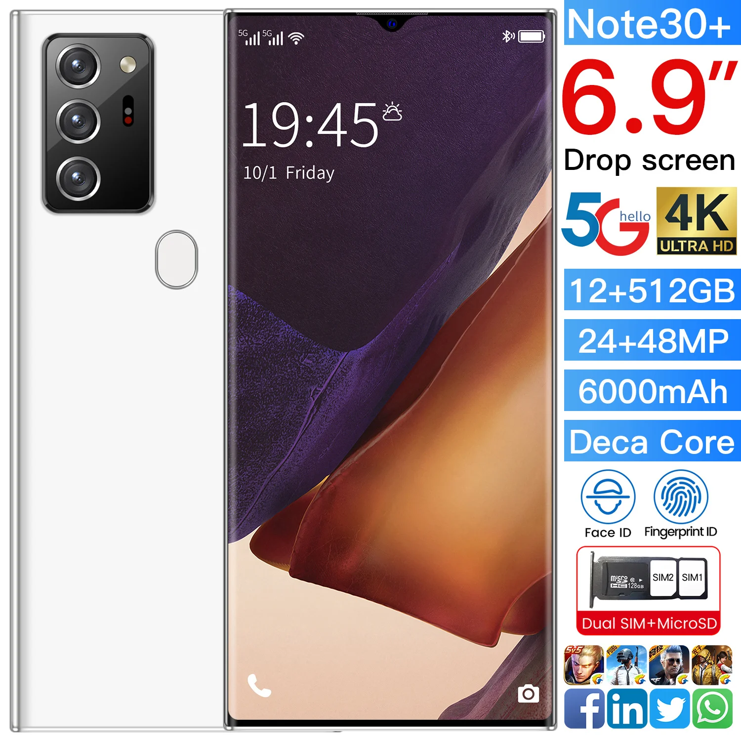 

New Global Version Note30 5G Smartphone 6.9 Inch Water Screen 12GB 512GB MT6889 24MP 48MP Camera Face ID 6000mAh Cell Phone