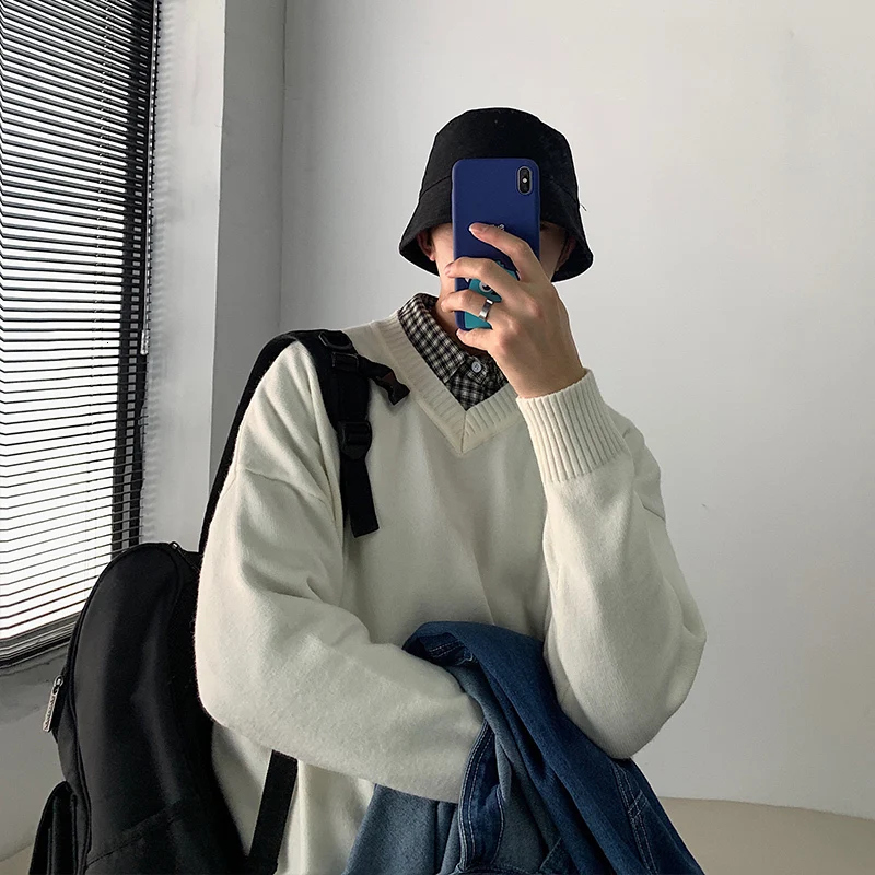 Мужской свободный свитер с V-образным вырезом однотонный простой хлопковый