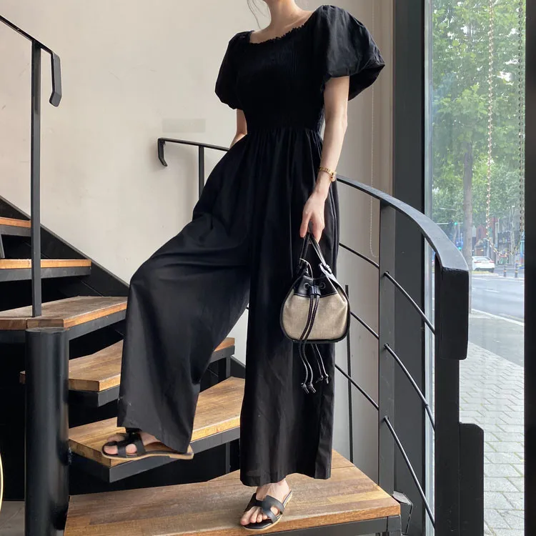 

Korejpaa Women Jumpsuits 2021 Summer Korean Chic Temperament One-Word Collar Leaky Shoulder Folds High Waist Wide-Leg Jumpsuit