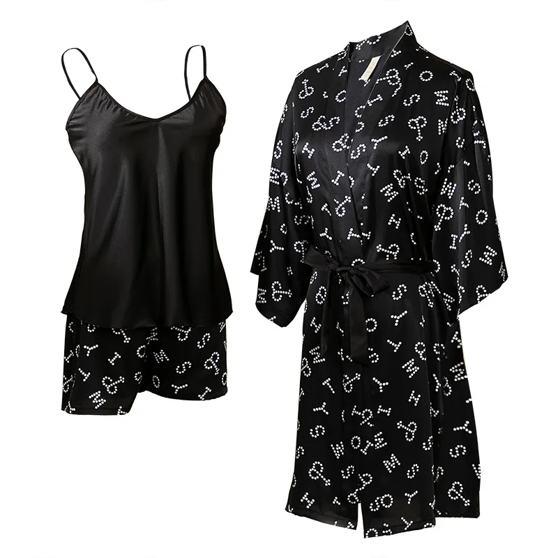 

Spring Summer Thin Faux Silk Robe Kimono Gown Printed 3PCS Pajamas Set Women Sexy V-Neck Nightgown Sleepwear Loose Home Suit