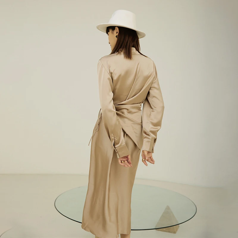 

XIZIHUPAN Vintage Print Ruched Dress For Women Lapel Long Sleeve High Waist Irregular Split Midi Dresses Females Summer 2021 New