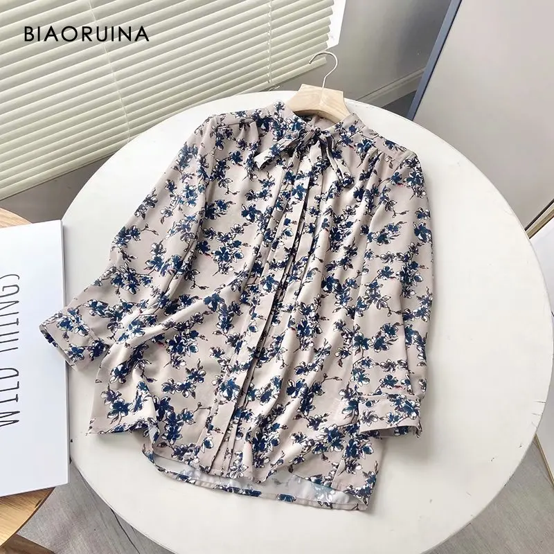 

BIAORUINA Women's Single Breasted Chiffon Floral Print Vintage Shirt Bow Collar Female Spring Summer Korean Style Fashion Blouse