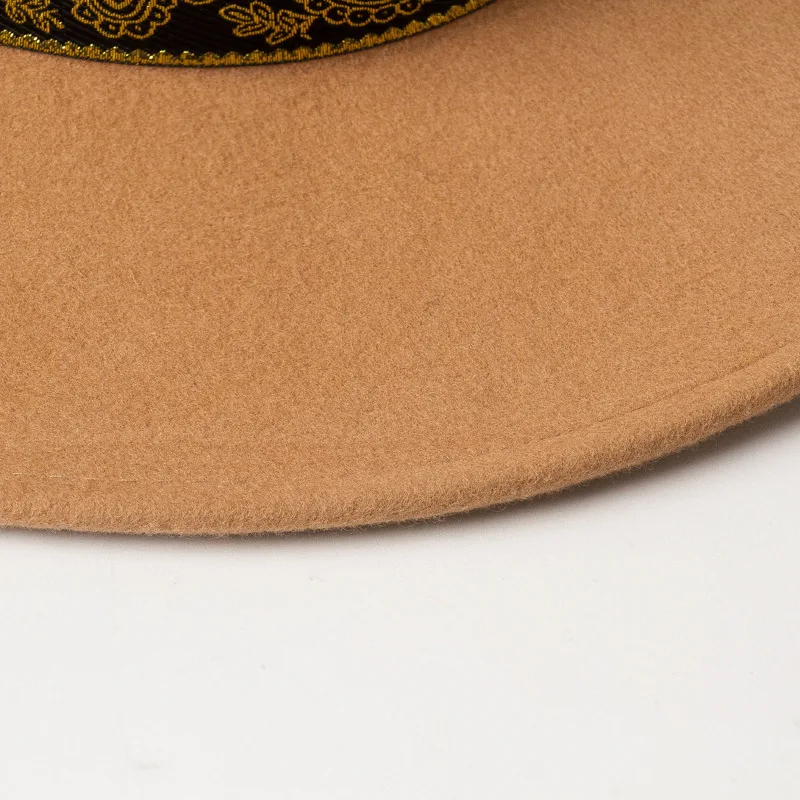 Autumn Winter Fashion wool Embroidery decorative ribbon Wide Jazz Shopping Tourist Style Felt Fedoras Hats for Women Men