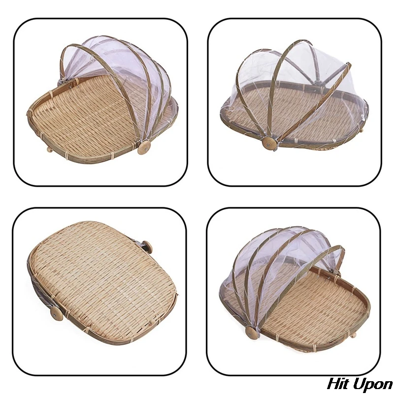 

2021 Hot Sale Rectangular Bamboo Serving Food Tent Basket Hand Woven Dustpan Fruit Dustproof Cover Picnic Mesh Net Tent