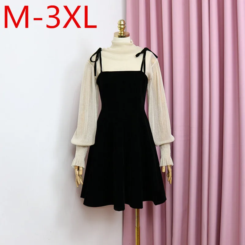 

M-3XL Plus size 2021 Autumn Women Transparent Lantern Long Sleeves Tops+ Sleeveless Dress Two Pieces Set Female Clothing