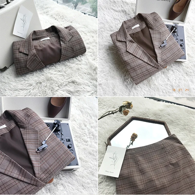 

2021 Retro Plaid Blazer Set Single-breasted Jacket & Pencil Skirt 2 Pieces Skirt Suit Female Office Ladies Blazer Suit