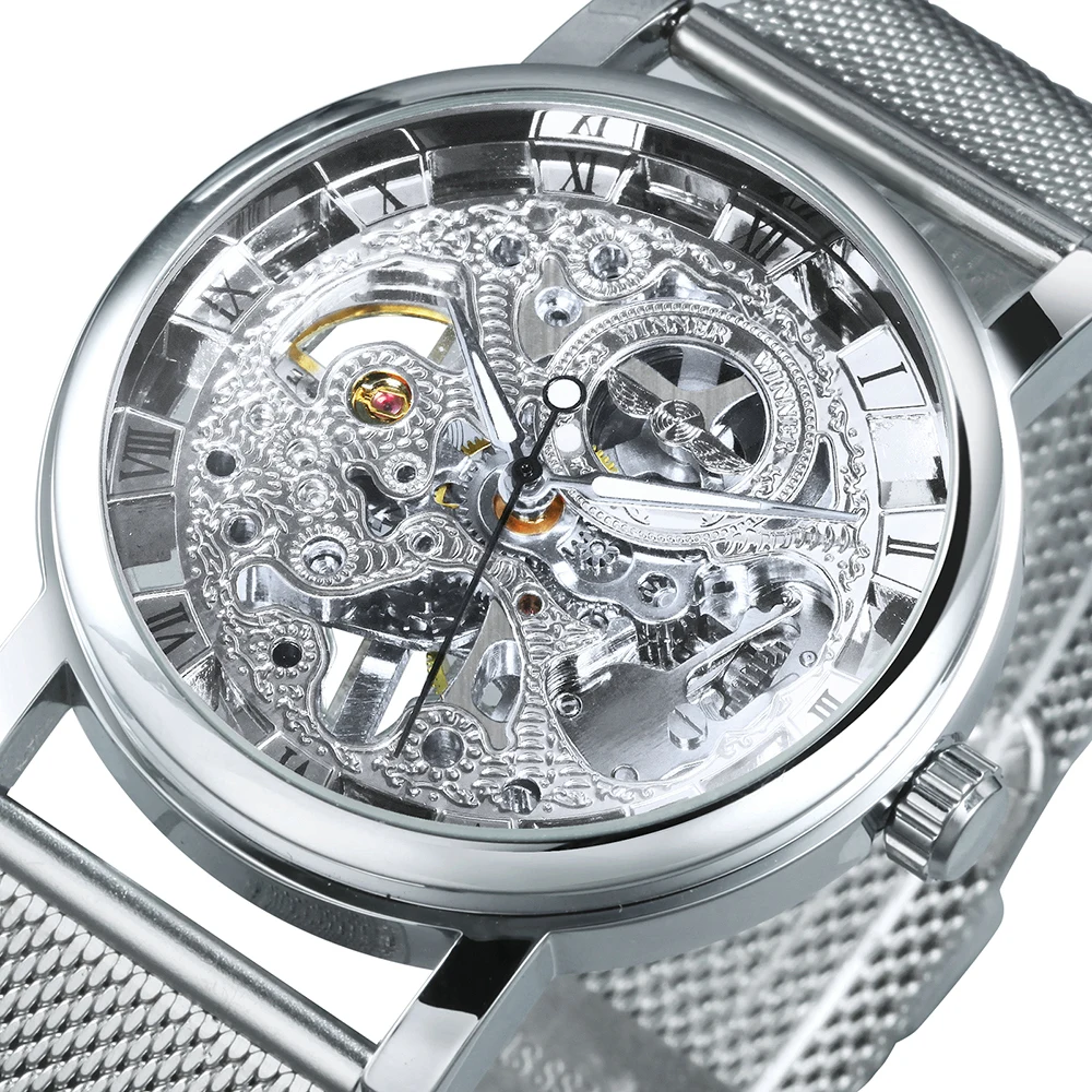 

WINNER Casual Watch Men Skeleton Mechanical Women Mens Watches Silver Mesh Band Top Brand Luxury Couple Wristwatches Gift часы