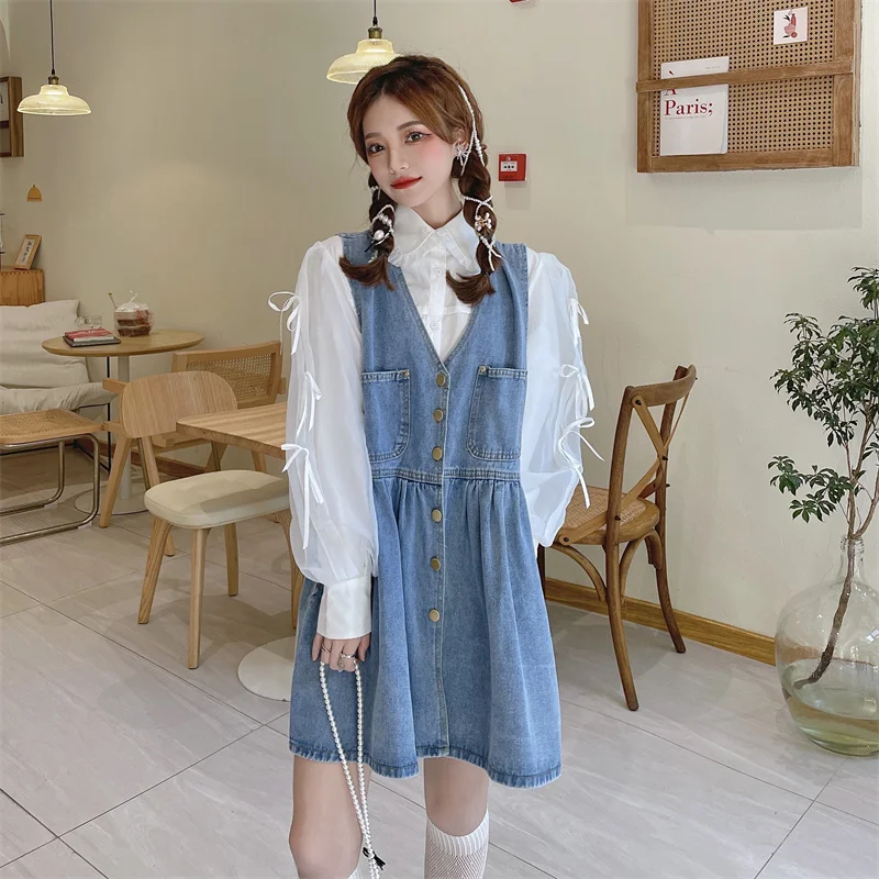 

Korean College Style Vintage Sweety Girly Denim Strap Dress High Waist Single Breasted Sleeveless Straight A-Line Dresses Female