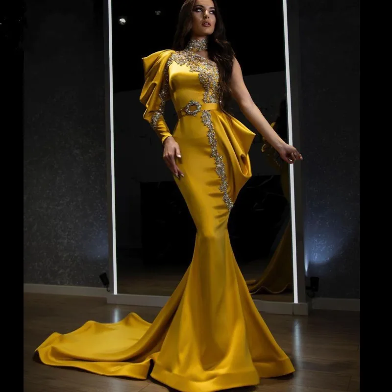 

Golden Yellow Evening Dress Pleated Beads Crystal Evening Dresses vestidos de fiesta de noche Dubai Formal Gowns Mermaid