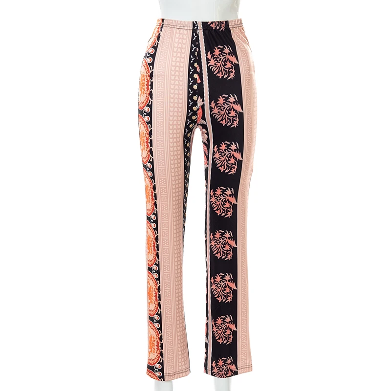 

High Waist Slim Casual Street Hippie Pants Women Boho Printed Flared Wide Legs Long Trousers 2021 Summer Bell Bottoms