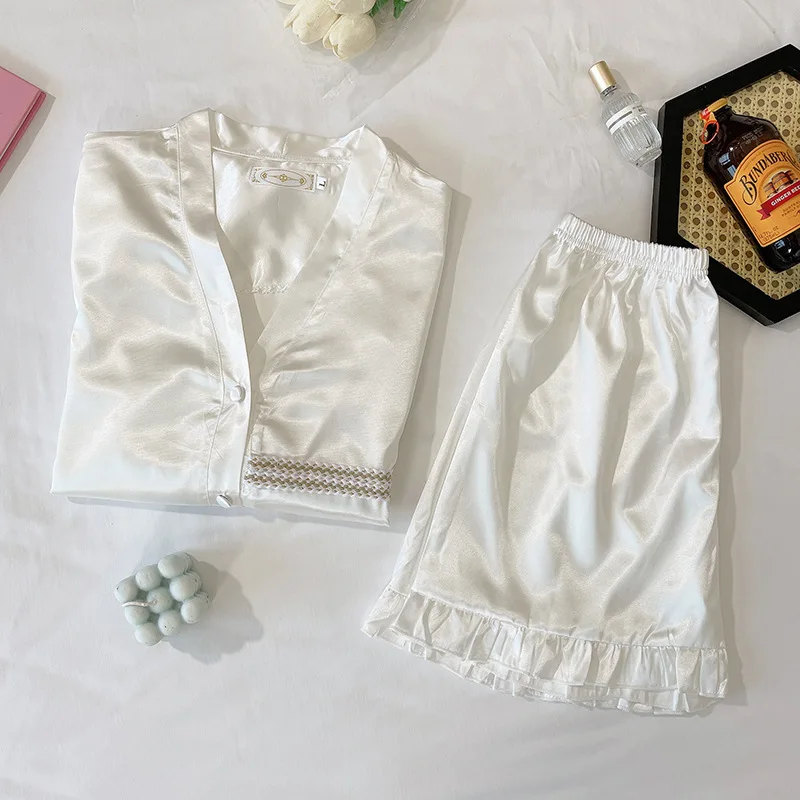 2021 Summer New South Korea Ice Silk Matte Silk Shorts Pajamas Women's 2Pcs Suit Comfortable Home Clothes Sleepwear Nightwear