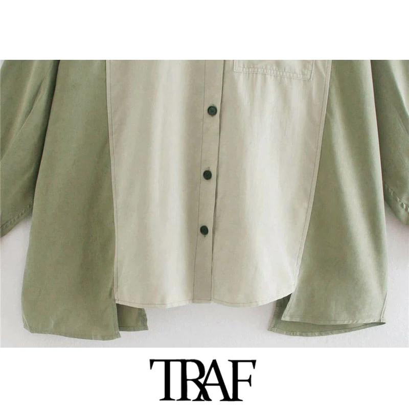 

TRAF Women Fashion Oversized Patchwork Irregular Blouses Vintage Long Sleeve Button-up Female Shirts Chic Tops