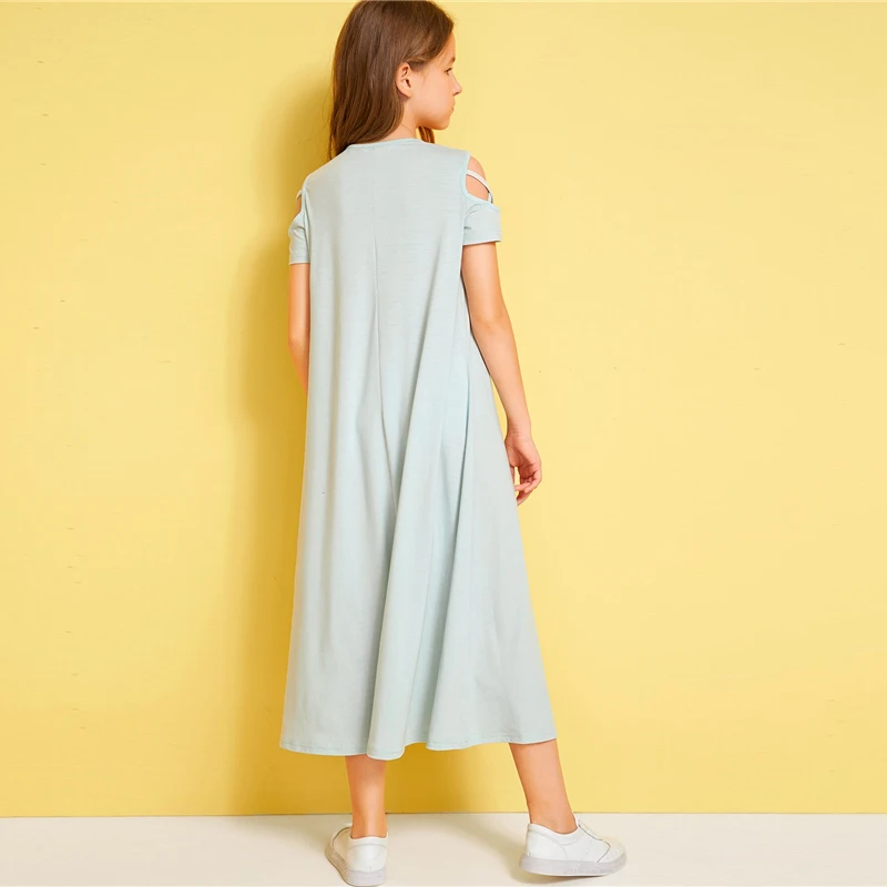 SHEIN/однотонное Повседневное платье с открытыми плечами и перекрещивающимися крест-накрест для детей; коллекция года; летние эластичные детские футболки с короткими рукавами