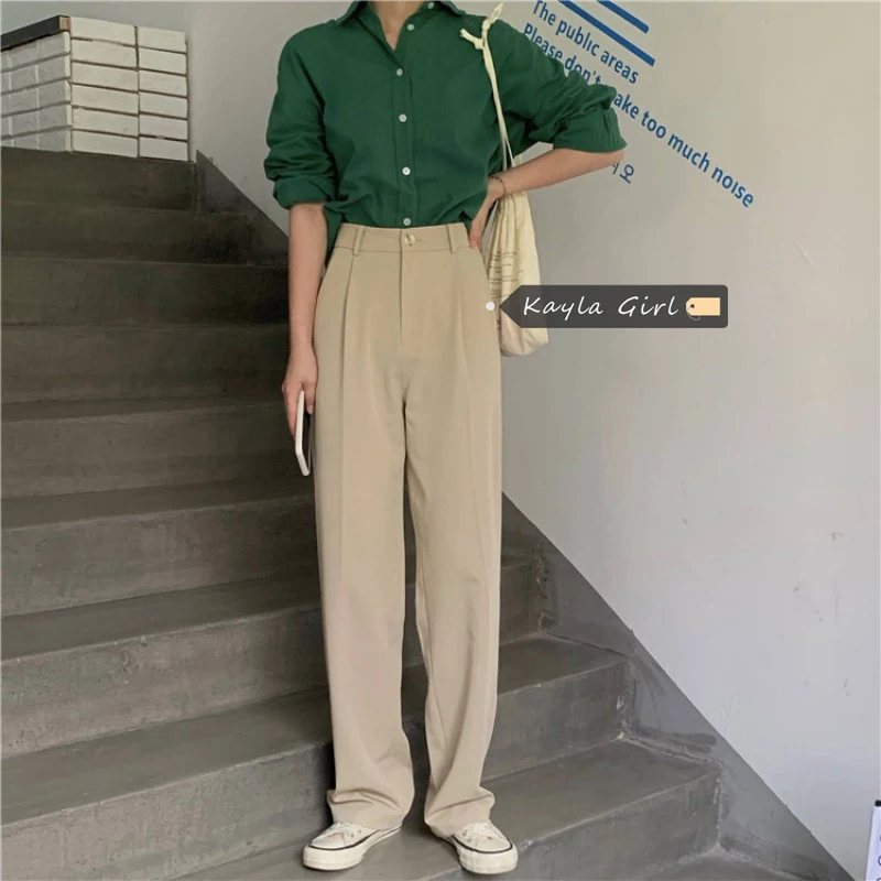 

Костюм для уборки повседневные брюки женские осенние Новинка 2021 в гонконгском стиле с высокой талией свободные универсальные прямые брюки ...