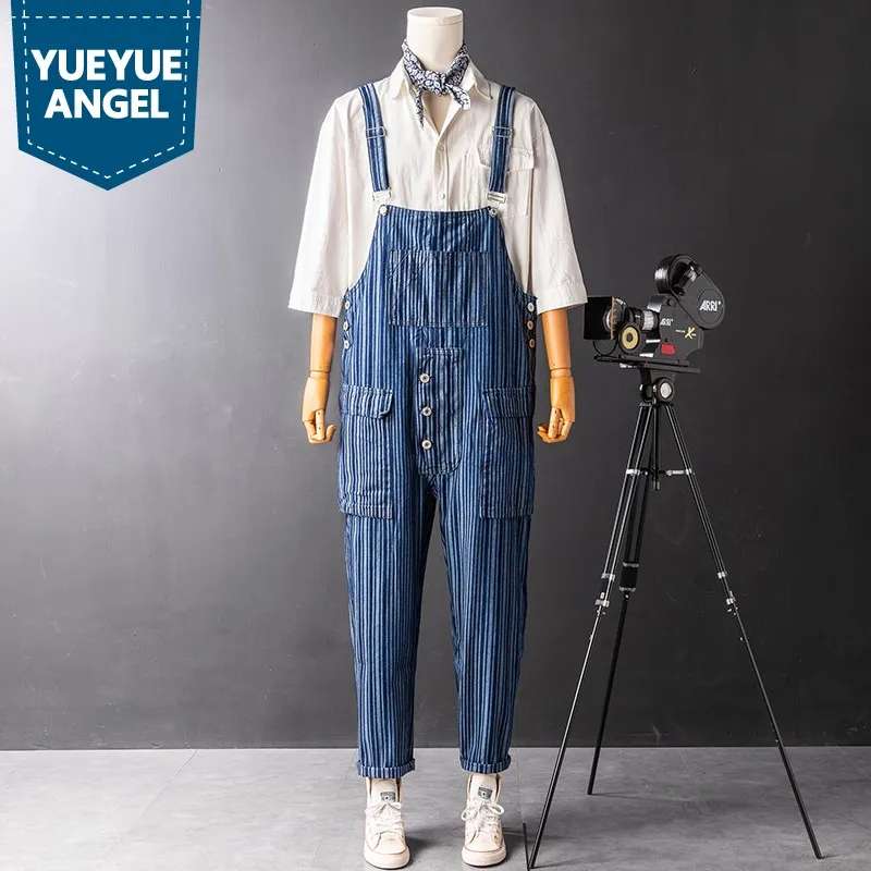 

Multi-Pockets Hip Hop Casual Overalls Men Cowboy Cargo Trousers Harajuku Vintage Striped Straight Jumpsuit Denim Pants Men M-2XL