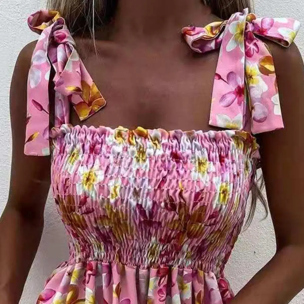 

Fashion Dress Adjustable Shoulder Straps Women Floral Dot Print Waist Tight A-line Sling Dress for Party 2021 Hot Sales
