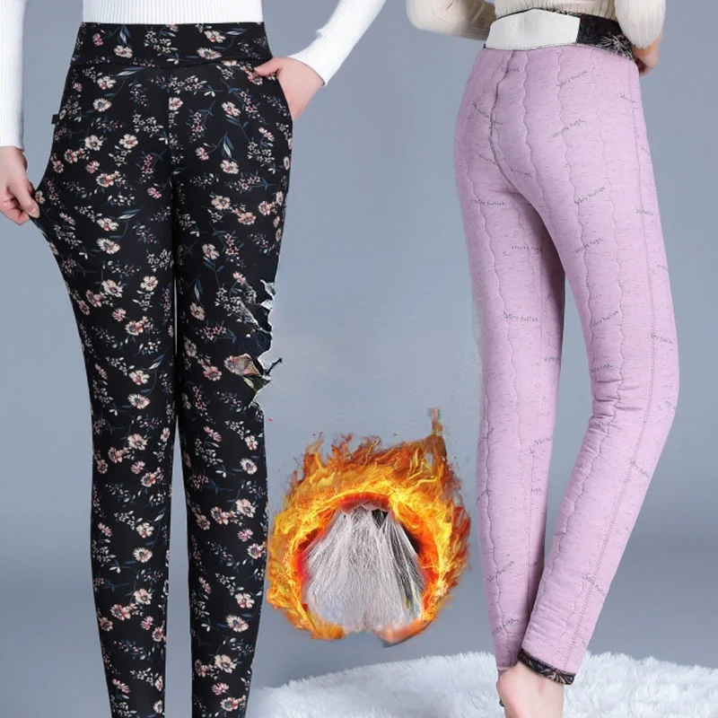 

2022 Winter Women's New Warm Casual Cotton Trousers Female Middle-aged Printed Pants Ladies Elastic Waist Pencil Pants Q906