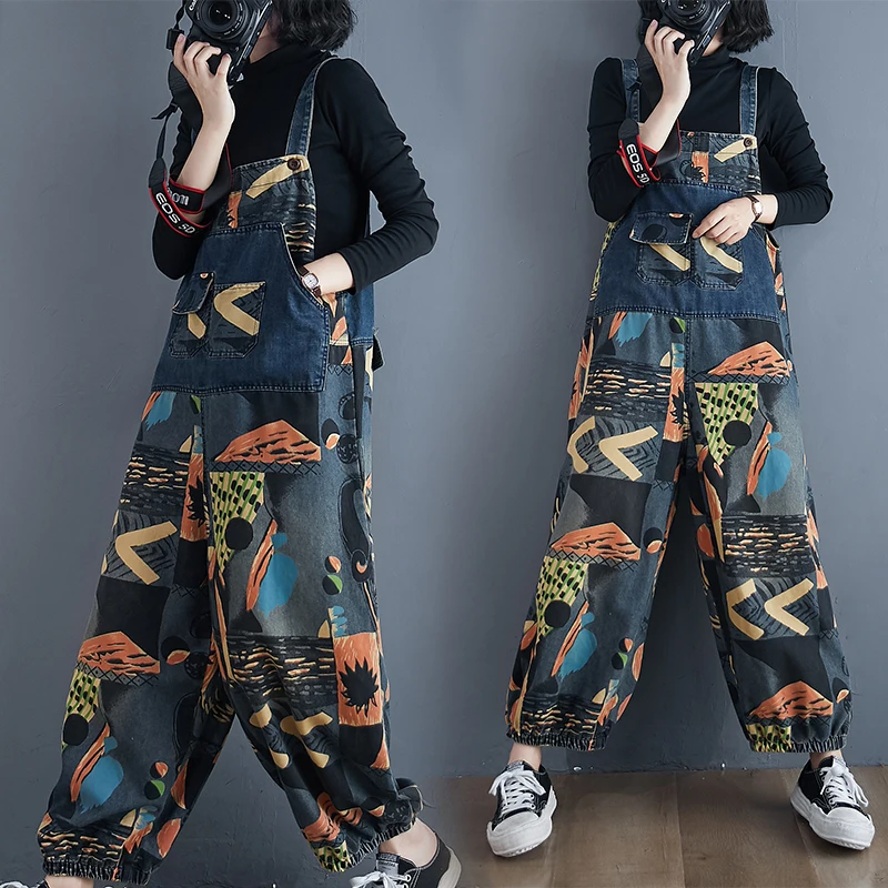 

Denim Cropped Overalls Women Autumn New Loose Large Size Printing Was Thin High Waist Age-Reducing Wide-Leg Pants One-Piece s328