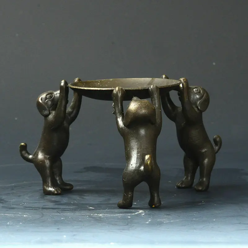 

Collectible Old Handwork Bronze Carved 3 Dogs Climb Plate Candle Stick