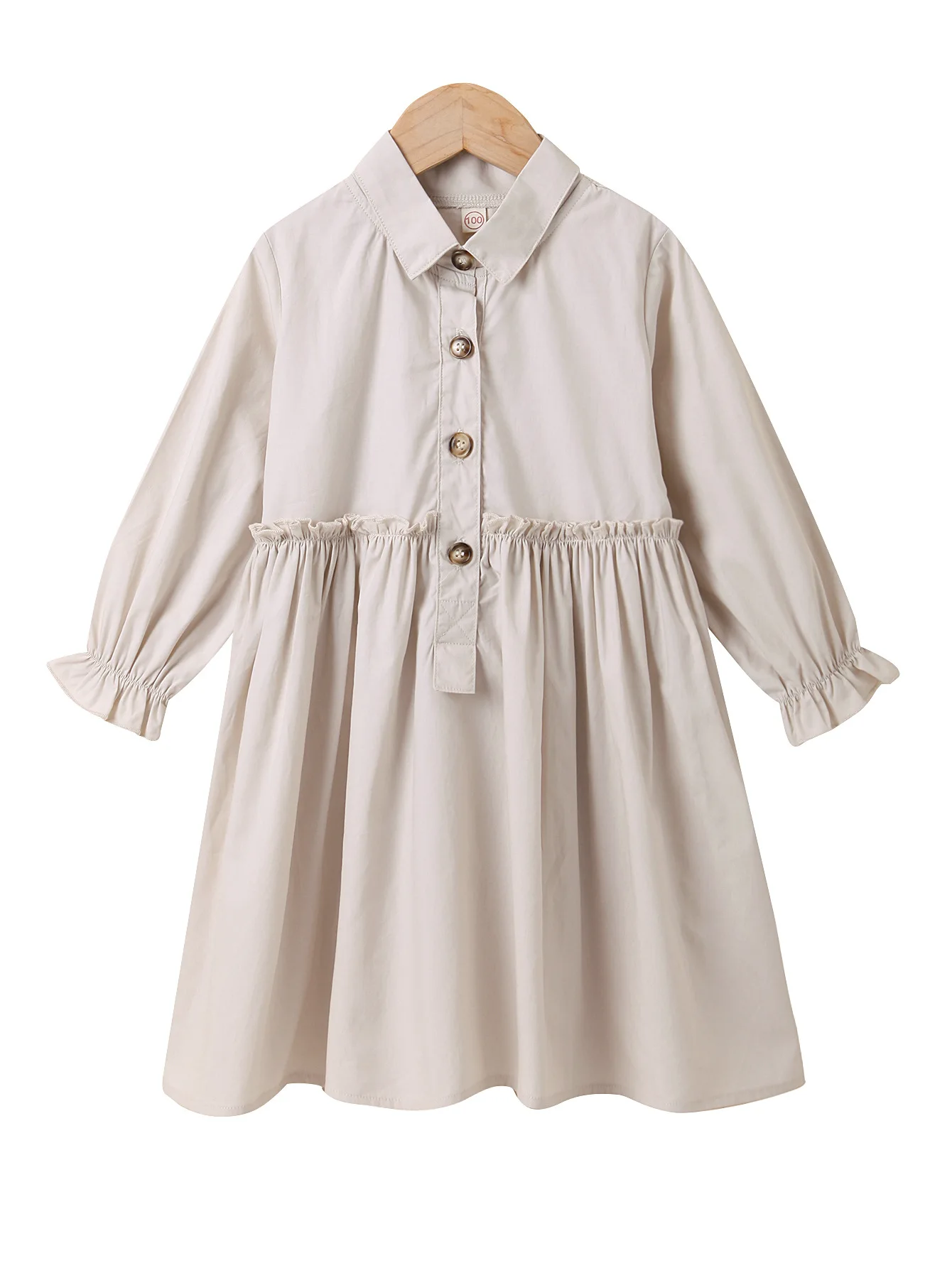 

New Casual Girls Long Sleeved Dress Autumn Children's Clothing Children's Pure Color Puff Sleeve Lapel Elegant Princess Dress