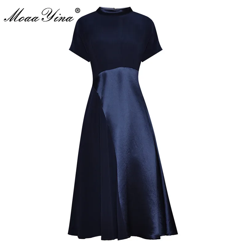 

MoaaYina Fashion Designer Summer Dress Women's O-neck Short sleeve Splicing High waist Midi Dress
