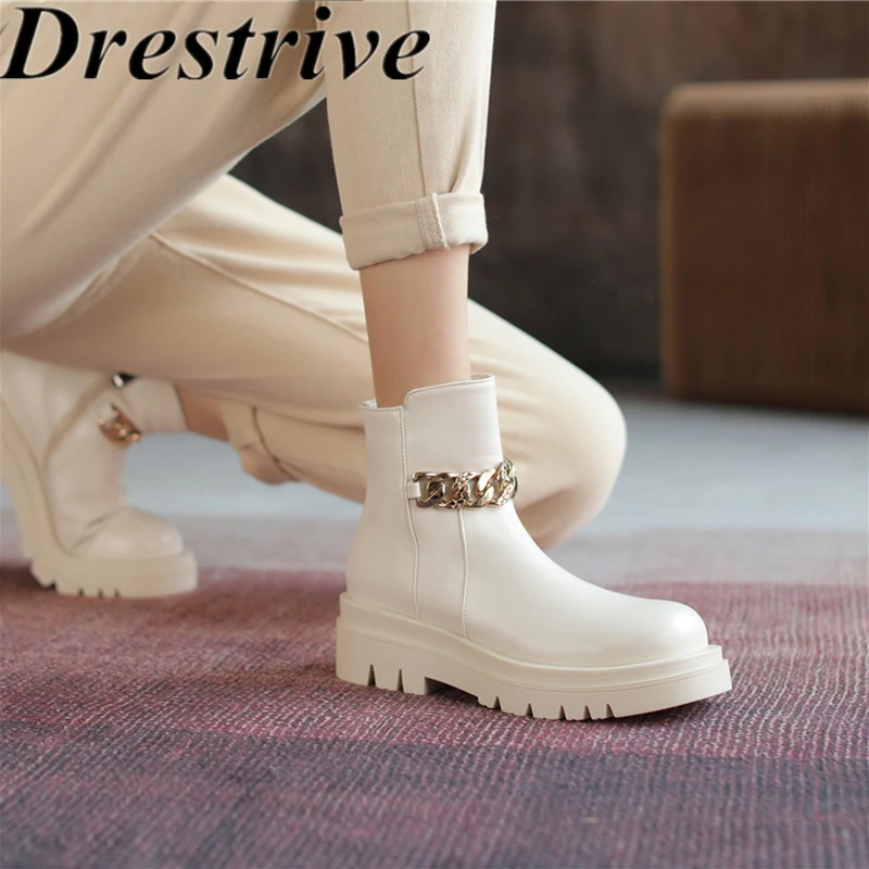 

Drestrive Pu Leather Beige Women Ankle Boots Chain Platform Non Slip Thick Low Heels Zipper Size 43 2021 Winter Shoes