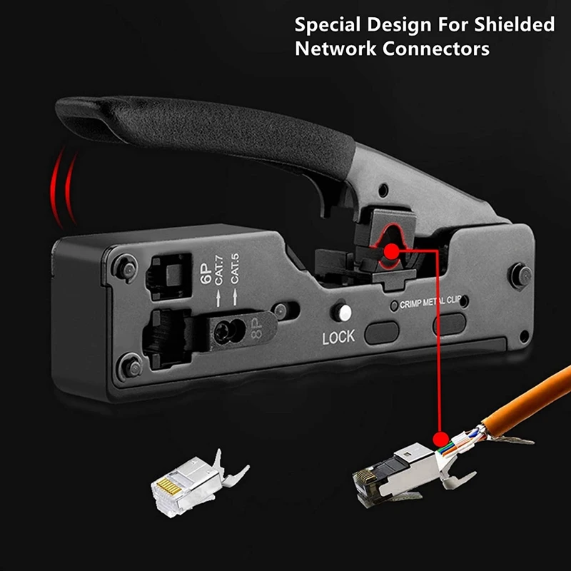 CAT5 CAT6A CAT7 Modular Crimper (Black) with RJ45 RJ12 RJ11 Network Cable Tester Tool Kit