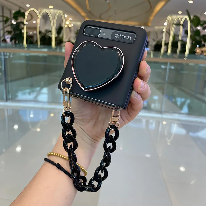 Fashion Black Hand Chain Bracelet Case Cover For Samsung Galaxy Z Flip 4 With Neck Strap Crossbody PC Back Cover Z Flip 3