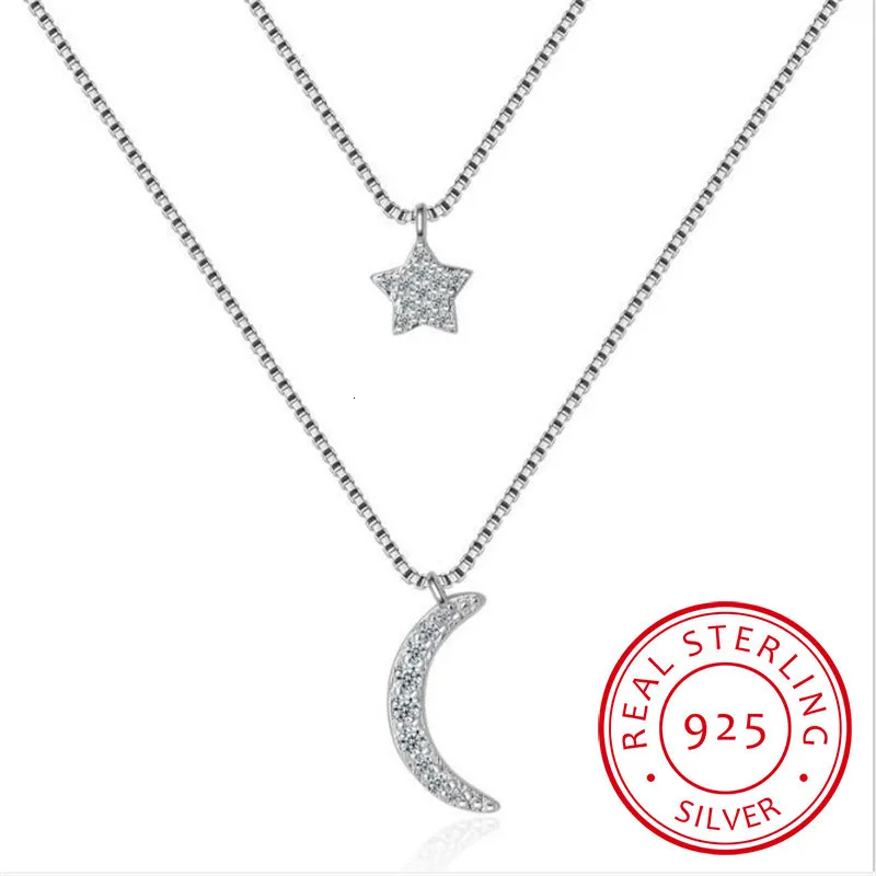 

Double-layer Zirconia Moon Star 925 Sterling Silver Necklaces For Women Short Chain Choker De Prata Gift S-n389