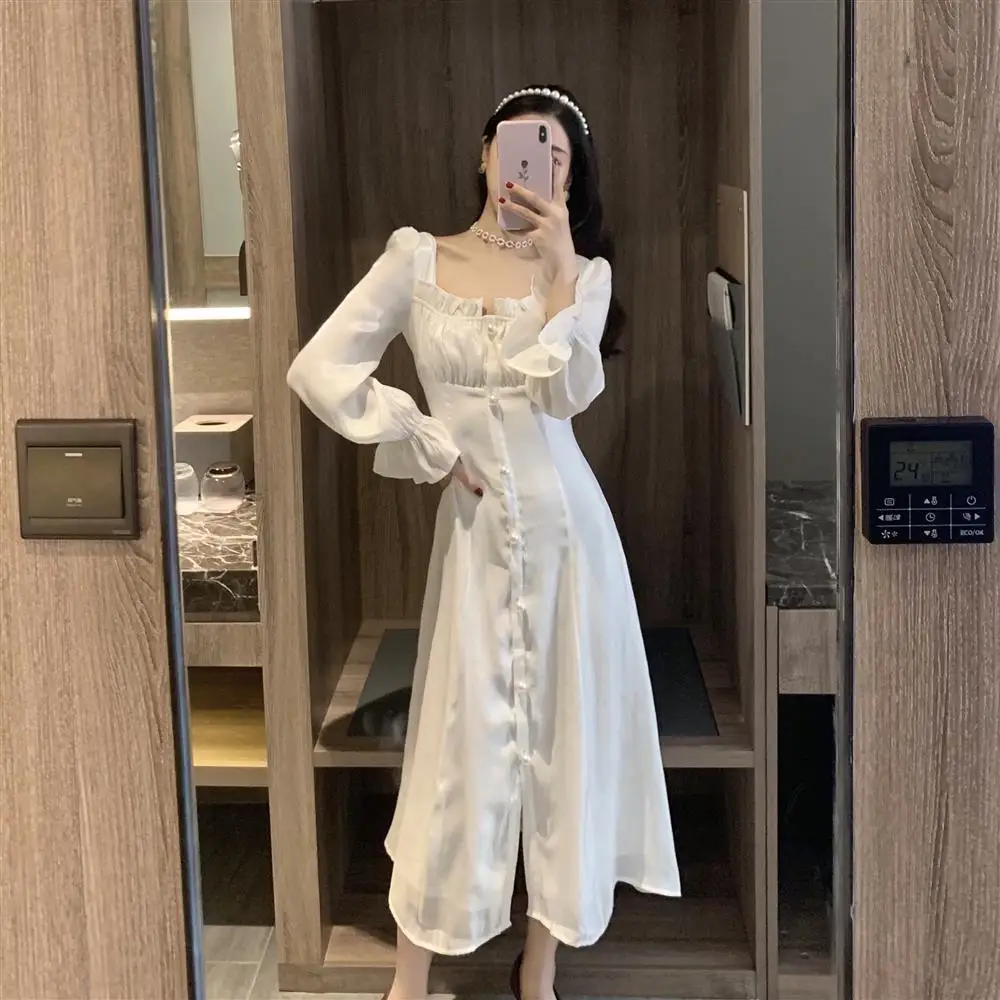 

MAGOGO Fairy White Long Sleeve Dress Soft Girl Student INS HOT SALE Square Neck Long Dress