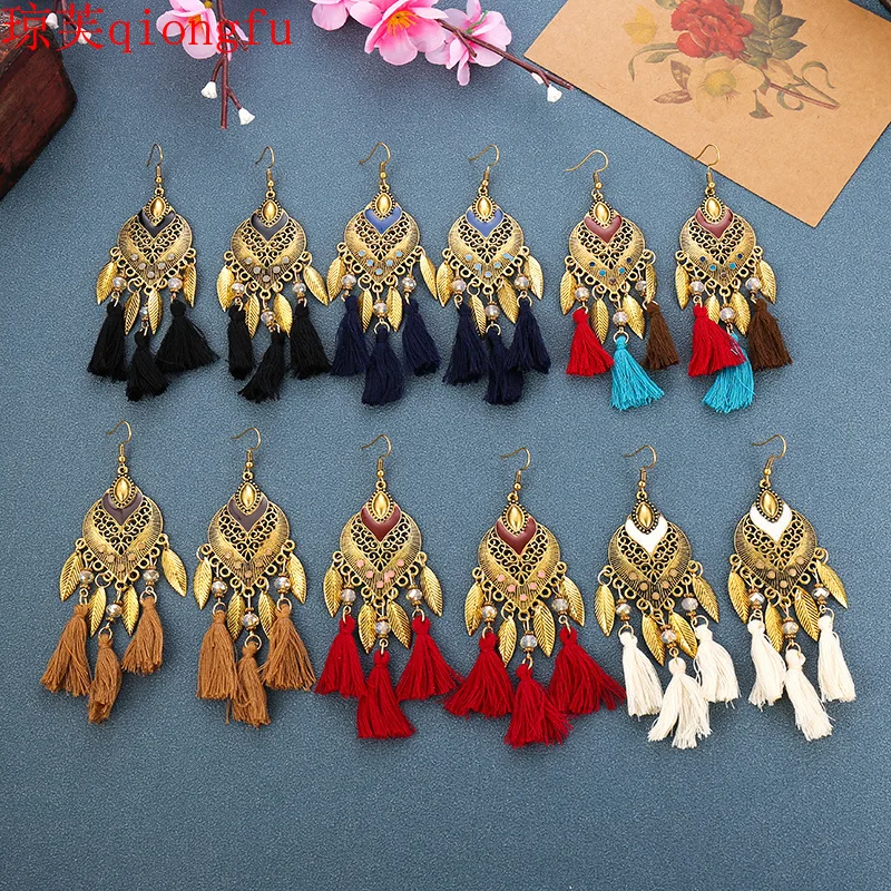 

Bohemian Style Women's Earrings 2021 Long Fringe Earrings Women's Leafy Ancient European and American Style Earrings