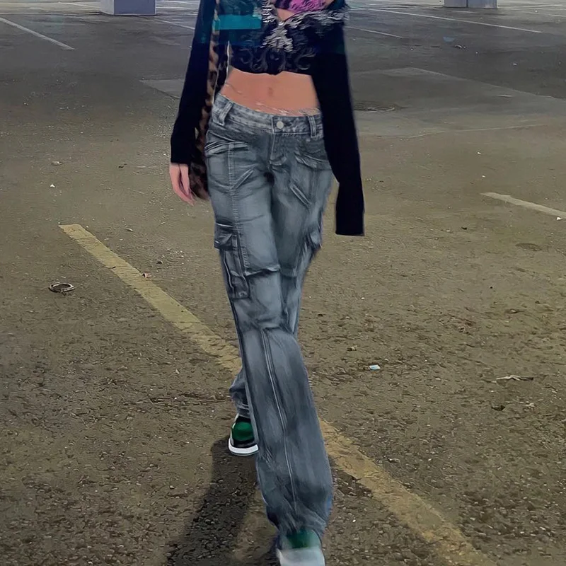 

Vintage Retro Fashion Streetwear Pocket Cargo Pants Women Long Straight Trousers Casual Wide Leg Jeans Ladies Pants Dropshipping