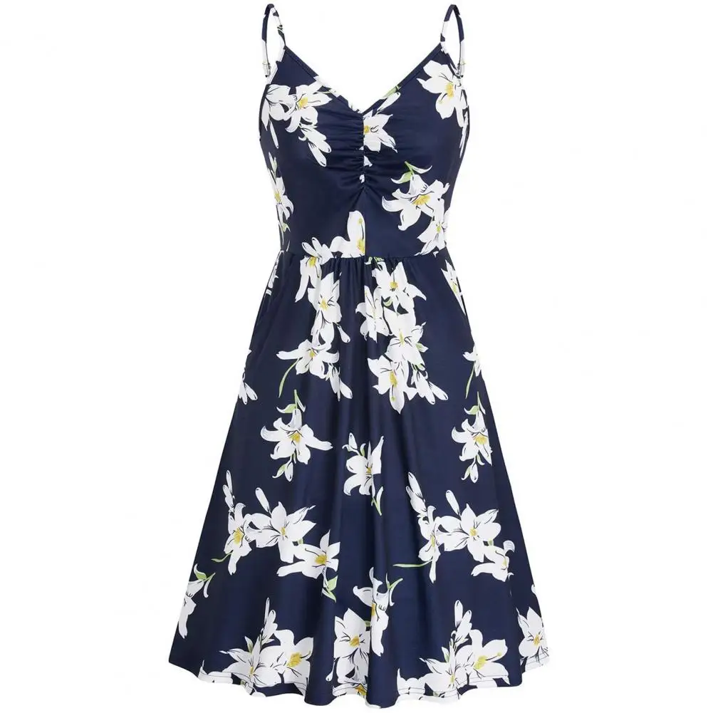 

Summer Woman Dress 2021 Midi Dress Women Dress Floral Print Spaghetti Strap Summer V Neck Large Hem Dress for Party