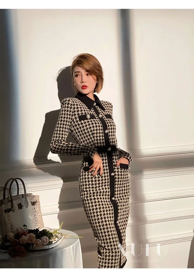 Женское платье-миди с принтом гусиные лапки