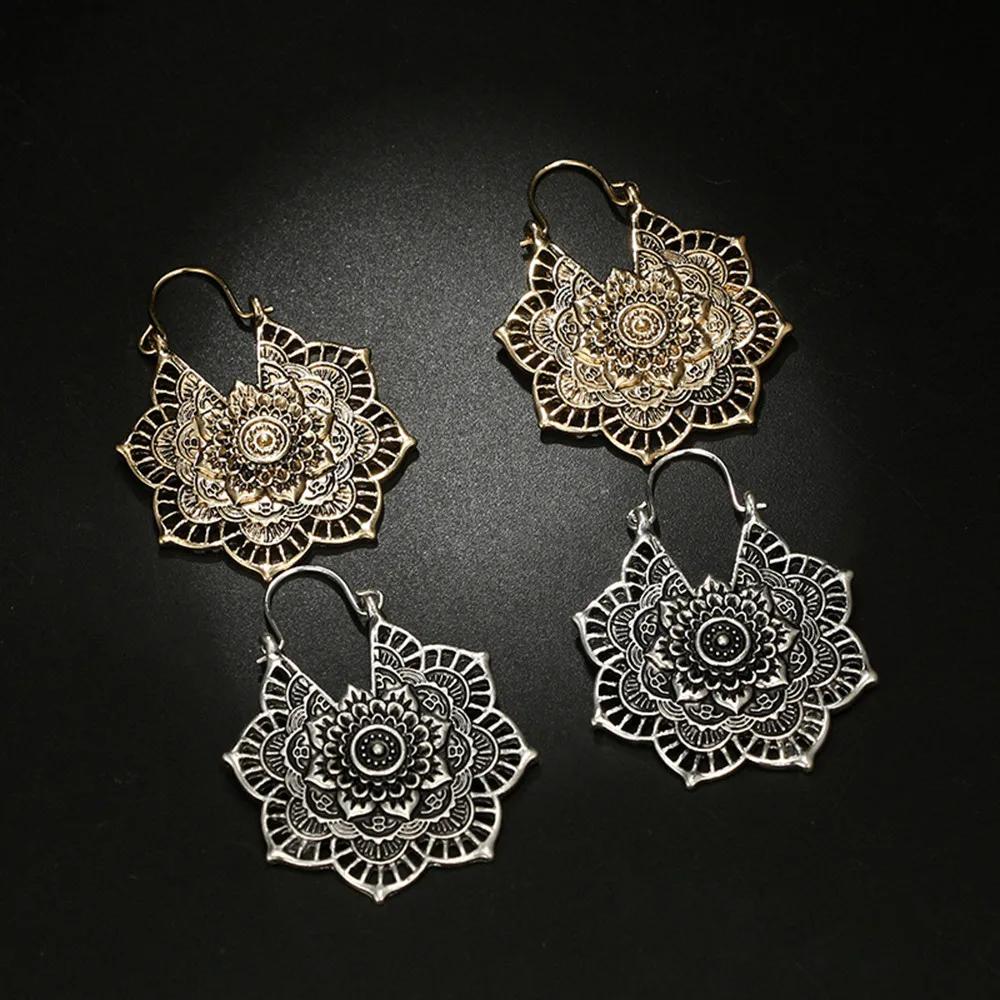 

Antique Silver Gypsy Indian Tribal Ethnic Hoop Dangle Mandala Earrings Boho Earrings Women Girls Jewelry