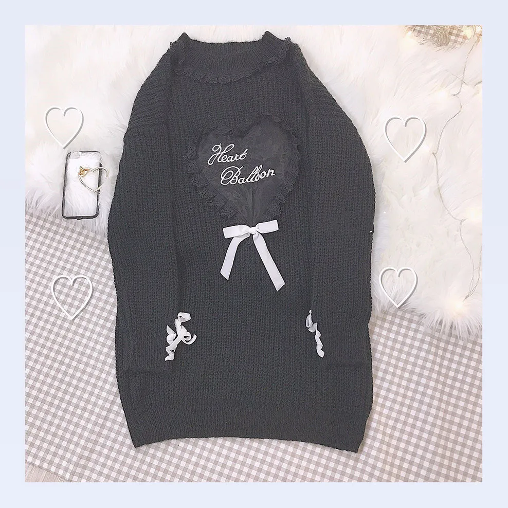 Lolita Cute Girl's Cashmere Long Sweater Japanese Warm Knit Pullover Dress Kawaii Heart Lace Patchwork Women Black Pink Jumper | Женская