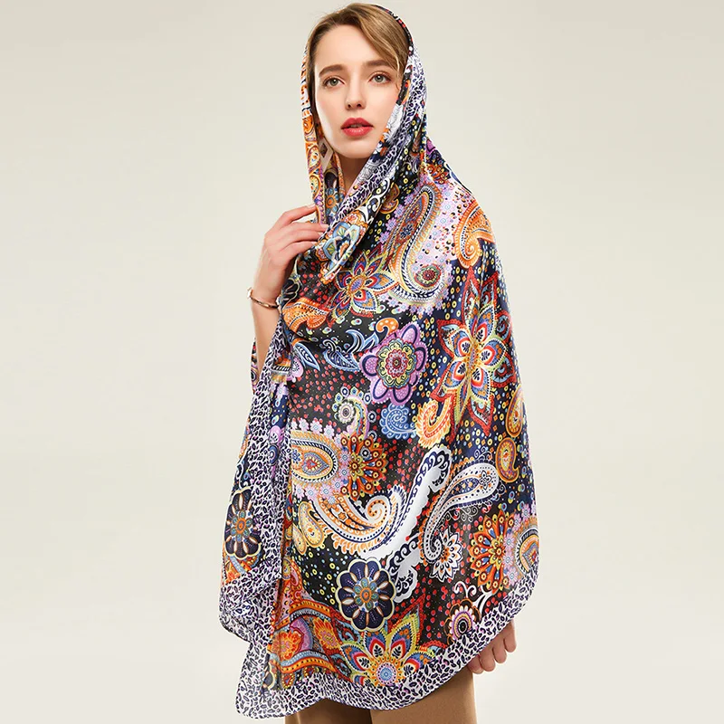 

2021 Women Imitation Silk Scarf National Style Cashew Print Shawls Lady Soft Wraps Female Elegant Headscarf 180x90cm