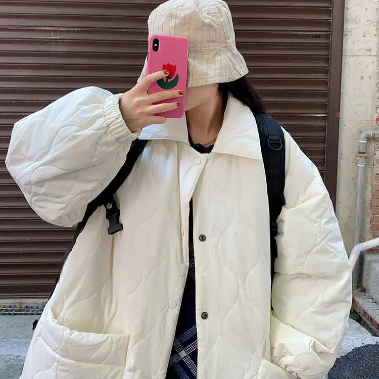 Lingge Cotton Jacket Women Retro New Korean Version Loose BF Mid-length Cotton-padded Jacket Winter Tide  Down Jacket Women