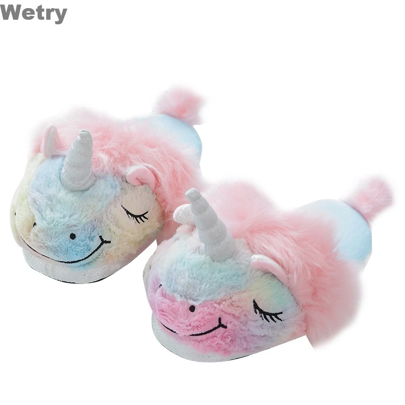 Unicorn Slippers Плюшевые тапочки с единорогом для взрослых и женщин; коллекция года; нескользящие домашние тапочки для девочек; обувь единорога; теплая мягкая зимняя обувь для спальни - Цвет: Unicorn Slippers