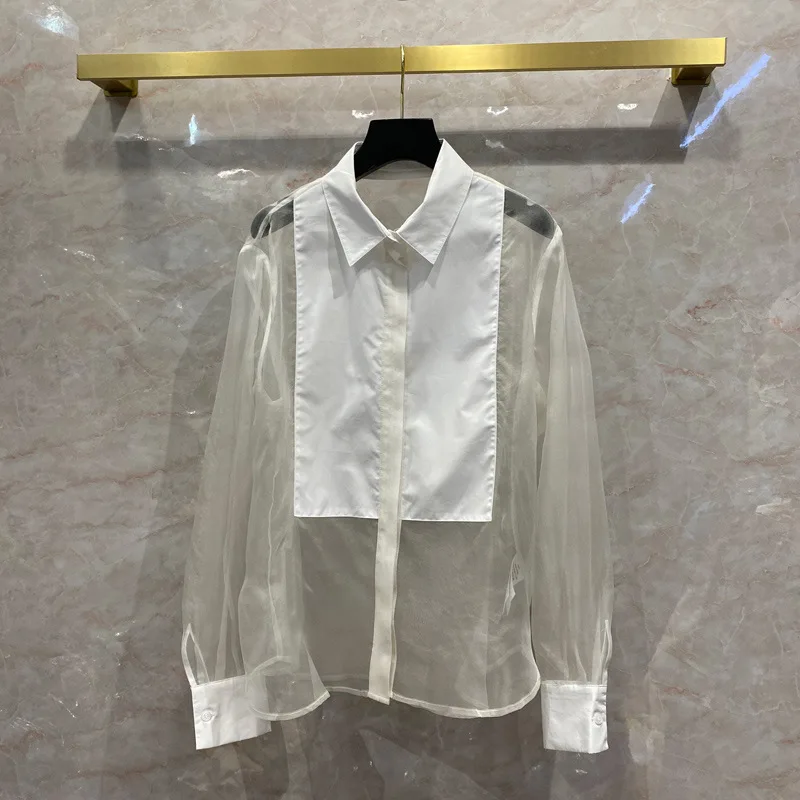 

Женская шелковая рубашка с отложным воротником, подиумная дизайнерская прозрачная рубашка роскошного бренда, свободная белая рубашка с дл...