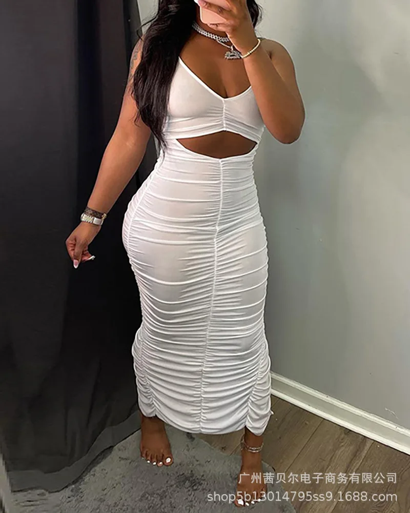 

Женское длинное платье-футляр до щиколотки, новое модное повседневное однотонное плиссированное платье на бретельках с высокой талией и V-о...