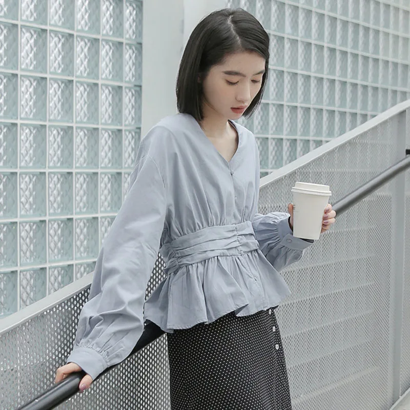 

Vintage V-Neck Single Breasted Long Sleeve Blouse Shirt Women Autumn Elegant Tunic Blouses White Femme Blusa