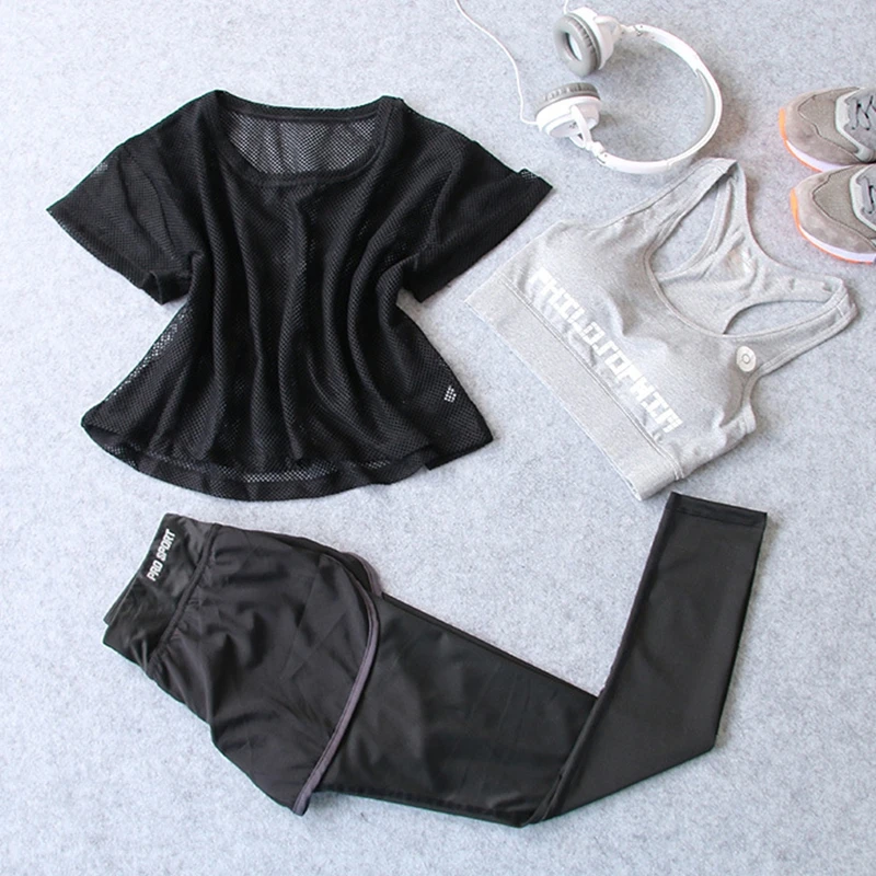 3 шт. женский спортивный комплект из футболки бюстгальтера и шортов|sport set|gym setyoga