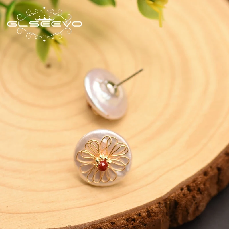 GLSEEVO натуральный пресноводный барокко круглый белый жемчуг серьги со шпилькой
