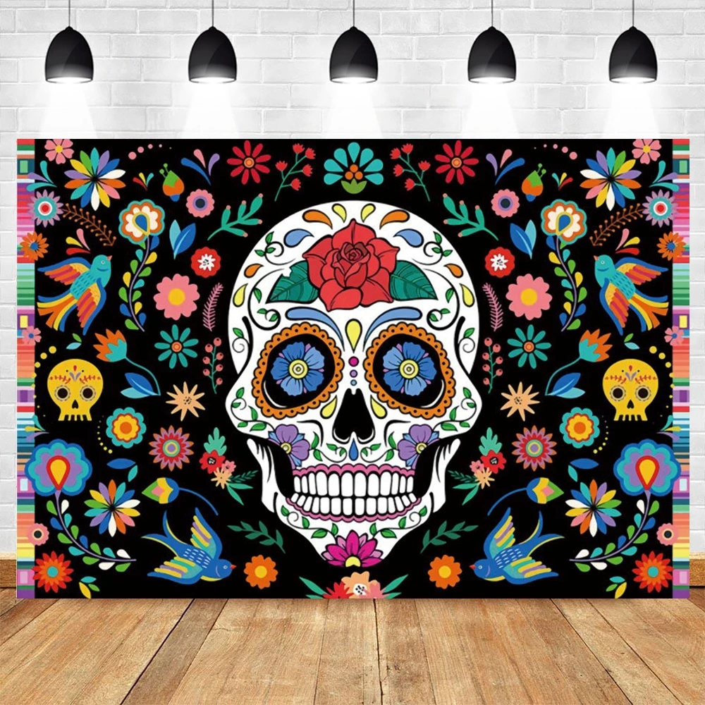 

Day of The Dead Backdrop Mexican Sugar Skull Photography Background Dia DE Los Muertos Dress-up Party Fiesta Banner Decoration